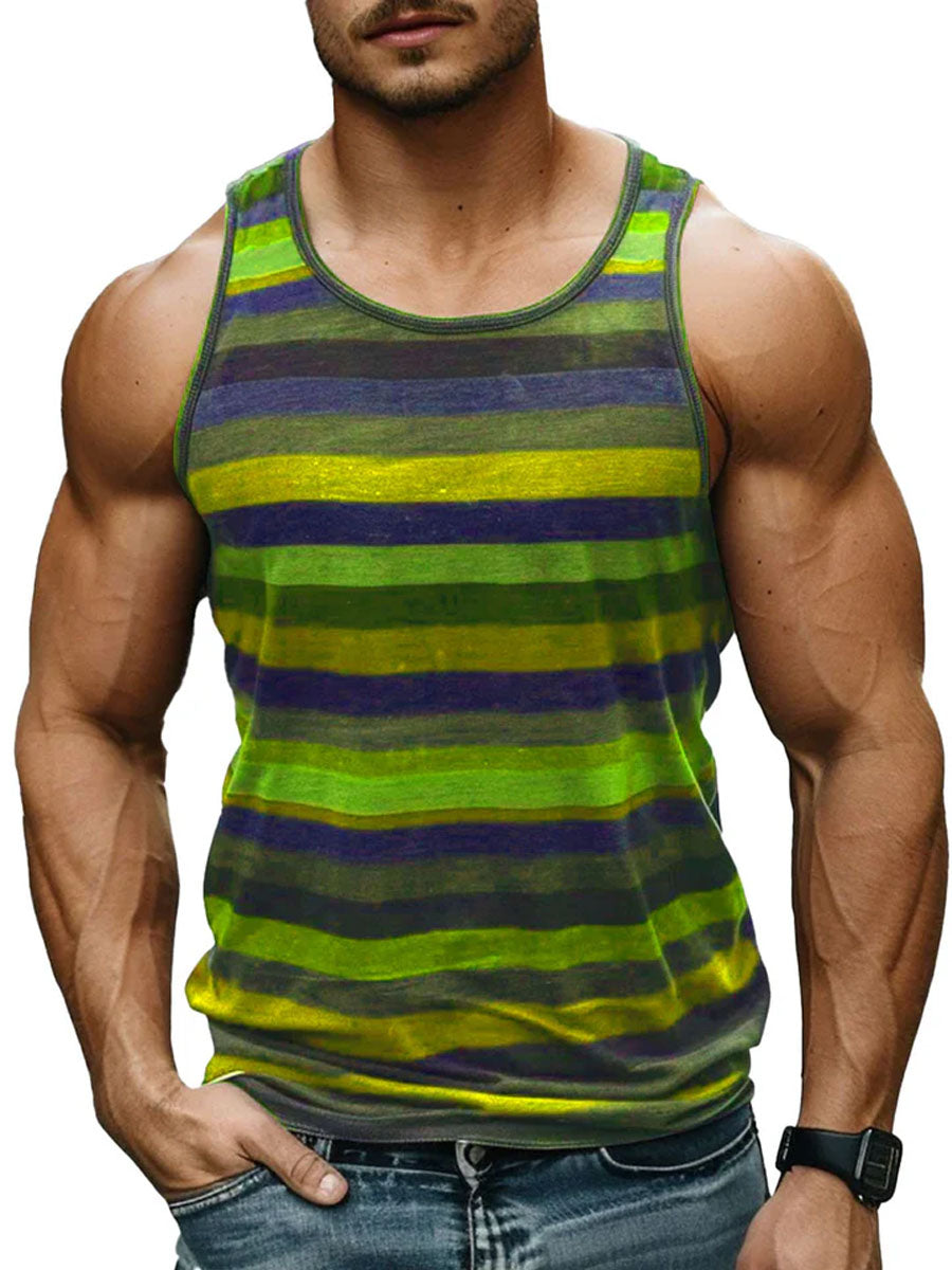 Men's Retro Multicolor Striped Print Crew Neck Tank Top – findercube