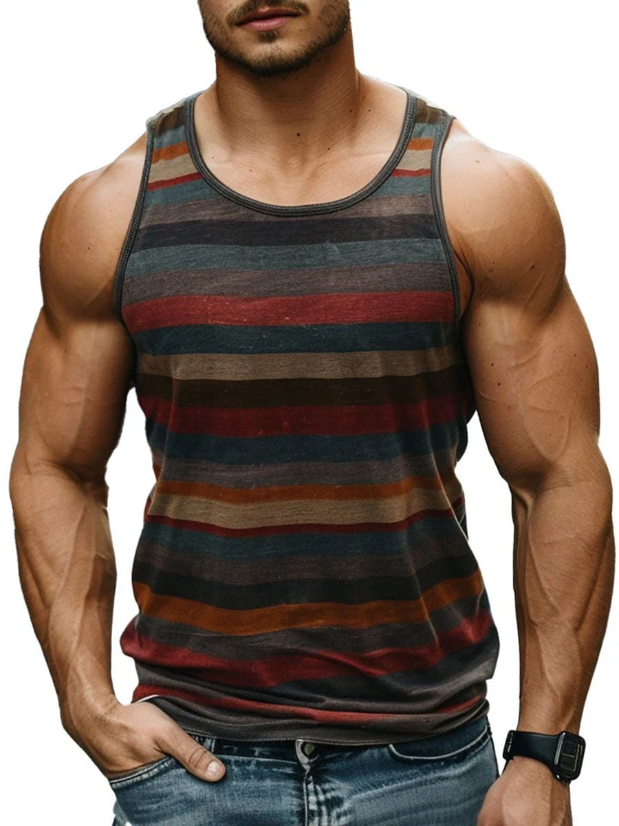 Men's Retro Multicolor Striped Print Crew Neck Tank Top – findercube