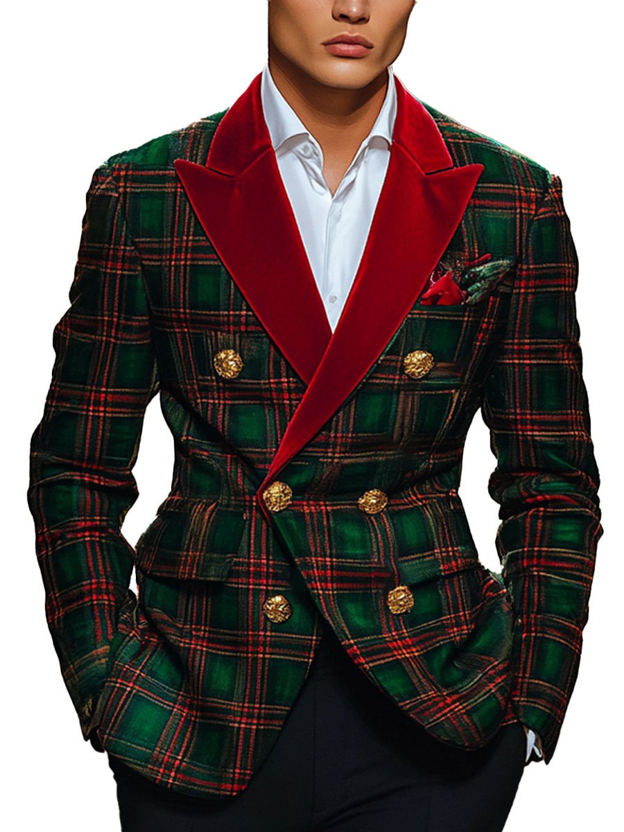 【24 hour shipping out】 Classic Plaid Lapel Double Breasted Festive Blazer
