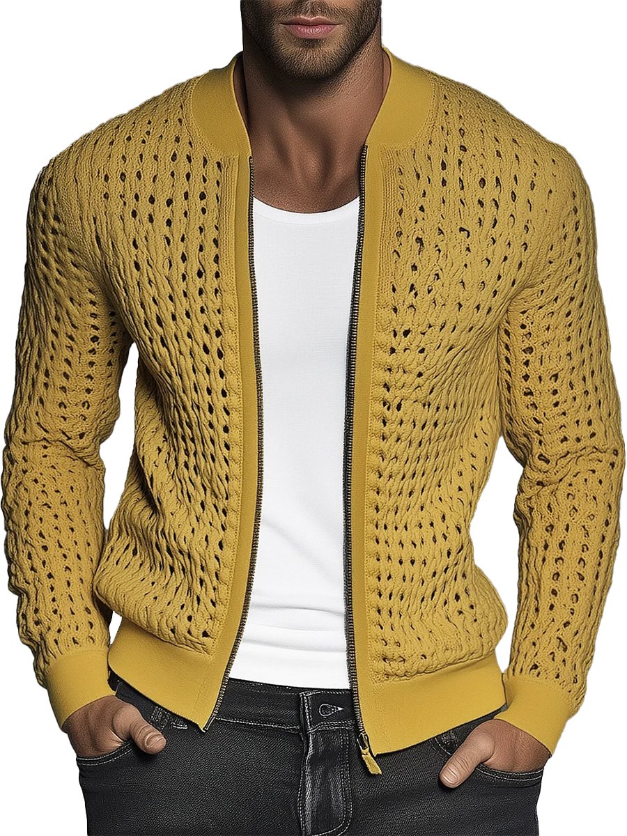 【24 hour shipping out】 Hollow Out Knit Stand Collar Zip Up Jacket