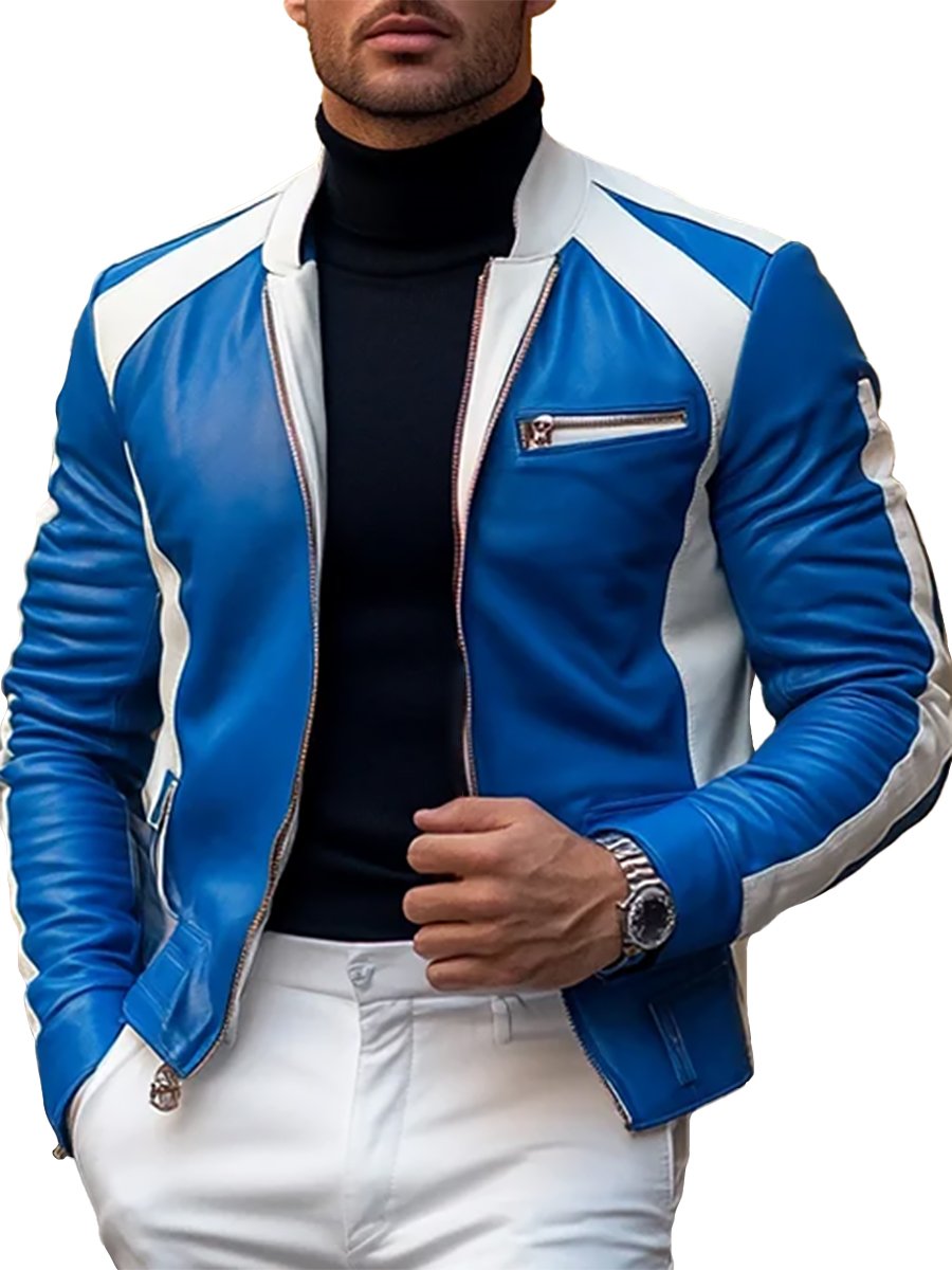 CasualLeatherContrastColorStandCollarZipperMotorcycleJacket