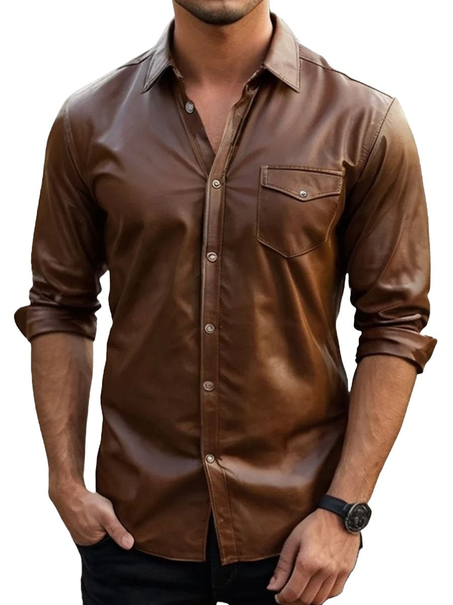 【24 hour shipping out】 Pocket Casual Vintage Leather Long Sleeve Shirt