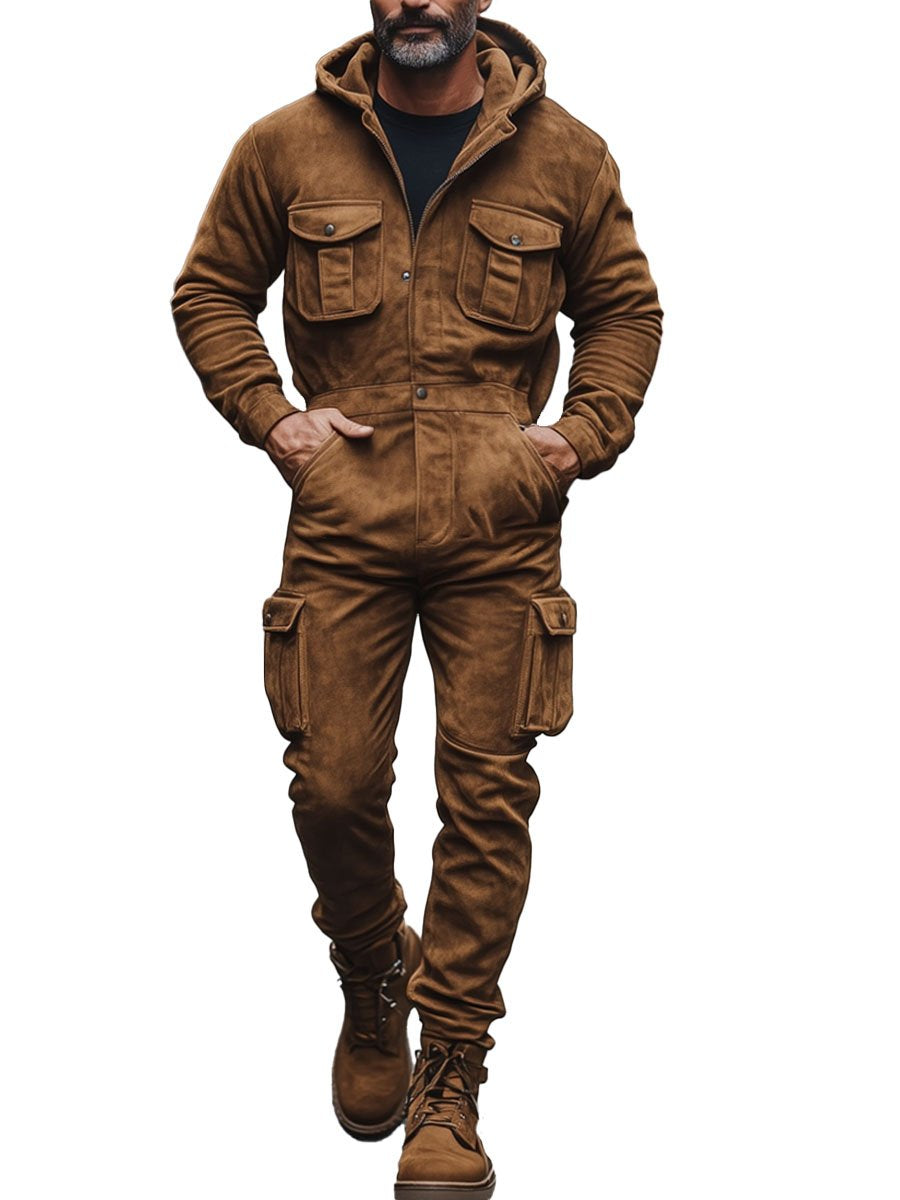 【24 hour shipping out】 Hooded Pocket Suede Vintage Long Sleeve Jumpsuit