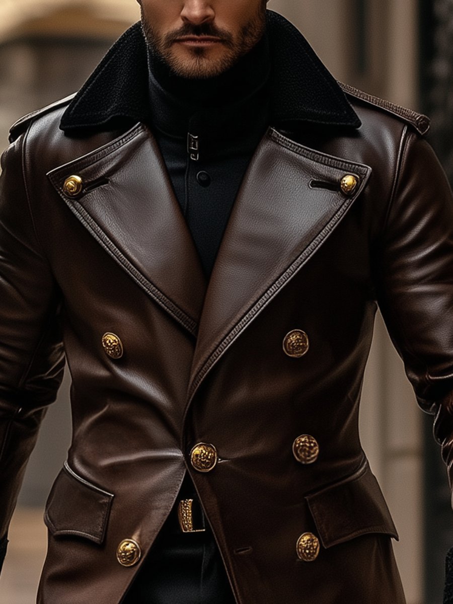 Greca Overcoat 【24-hour shipping out】Business Vintage Leather Double Breasted Overcoa ...